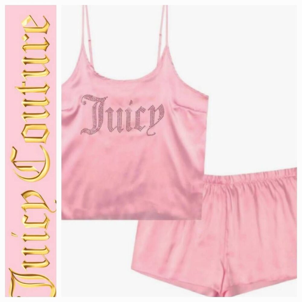 Juicy Couture Rhinestone Logo Satin Cami & Short PJ Set- Lola Pink